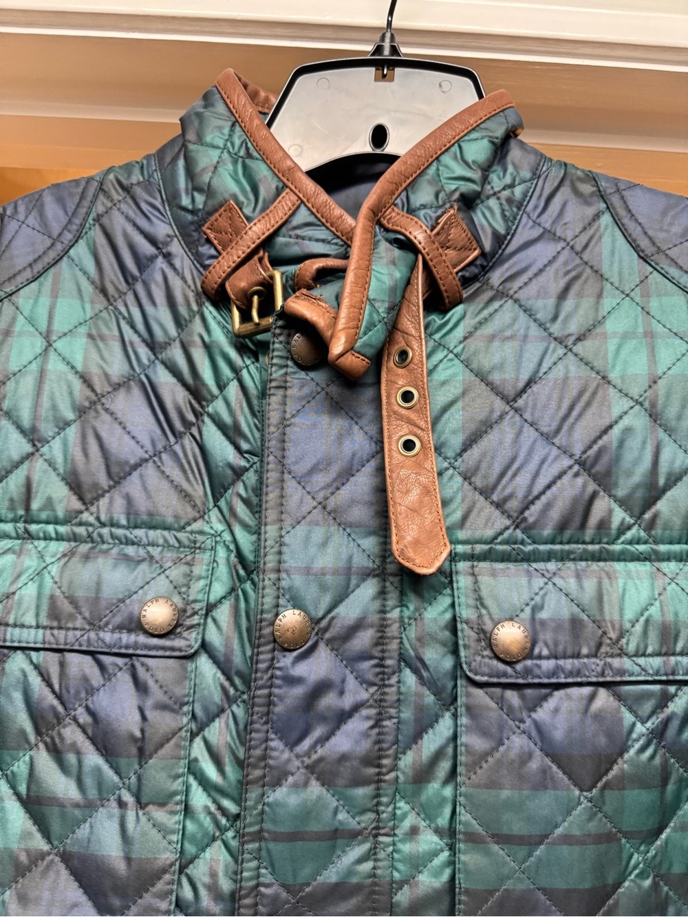 Polo by Ralph Lauren Quilted Blue-Green Jacket with Brown Trim - Picture 2 of 7